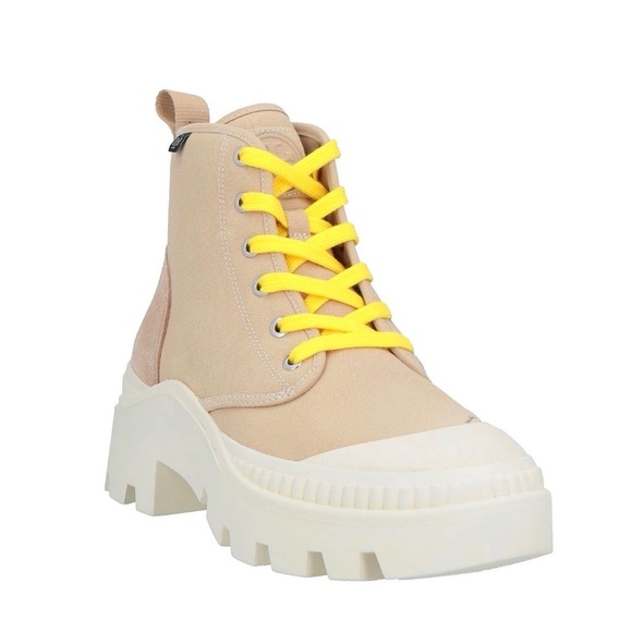 Tory Burch Shoes - Tory Burch Trendy Beige High-Top Sneakers with Yellow Laces